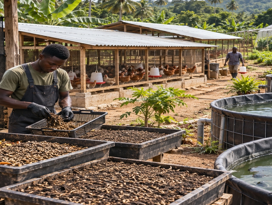 Integrated farm using BSF larvae to feed poultry and fish ponds