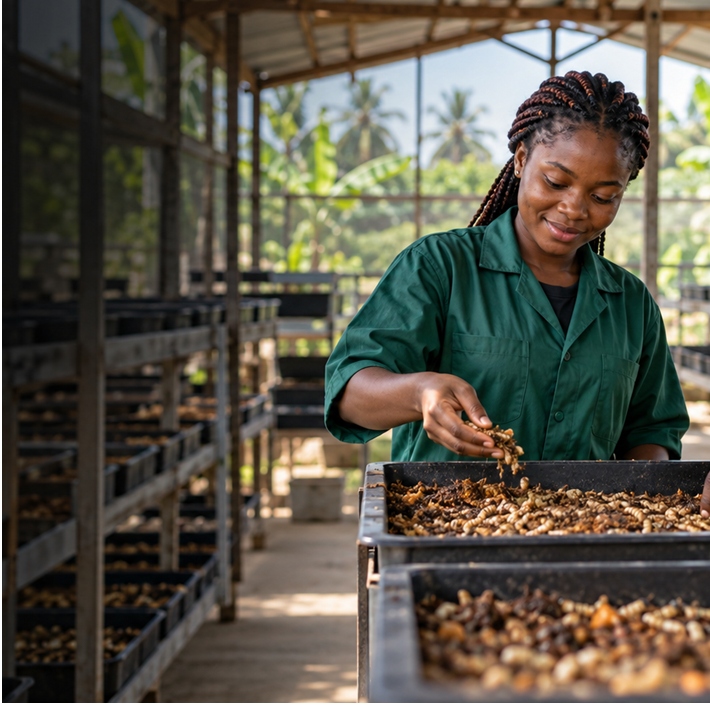 Waste2Meal operator inspecting Black Soldier Fly larvae in a breeding tray